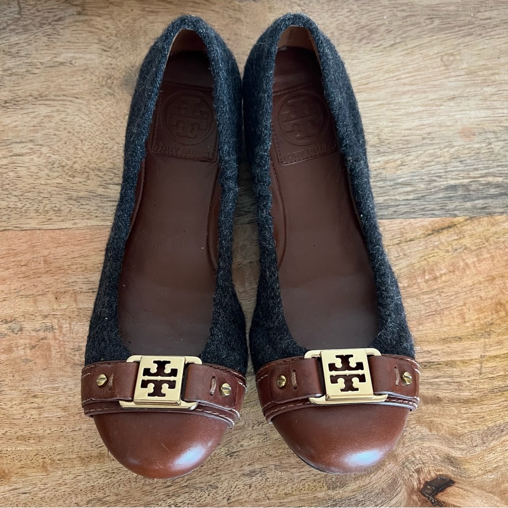 Tory Burch Ambrose Wool Leather Ballet Flats Women's Gray Brown Slip-on Shoe 6M